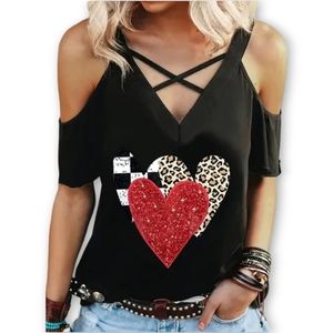 Plus-Size Black Cold-Shoulder Valentines Day Top |Red & Animal Print Hearts| 3XL